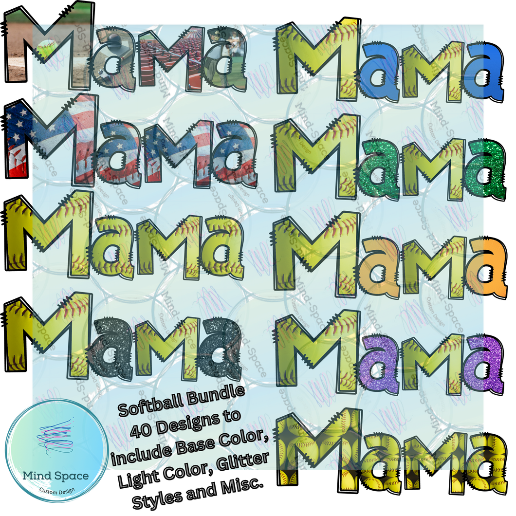 Softball Mama Full Collection Bundle Designs (Light, Dark, Glitter Color Designs PNG Transparent Downloads)- Mock-up Included